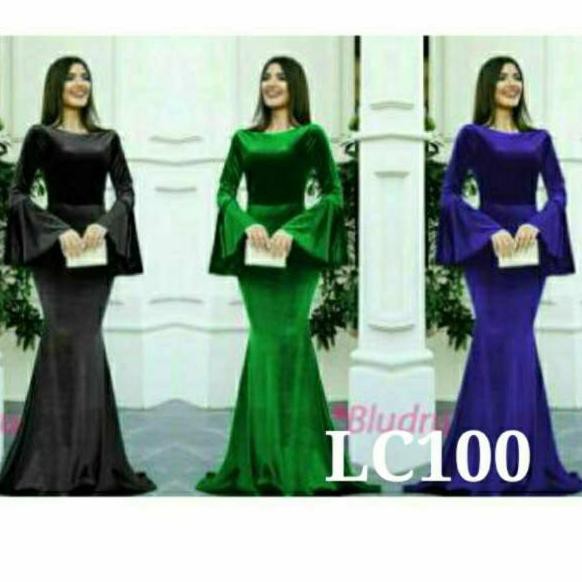 TERBARU>>Long Dress duyung Bludru LC100 Gamis bludru dress 100 lengan terompet gaun panjang pesta be