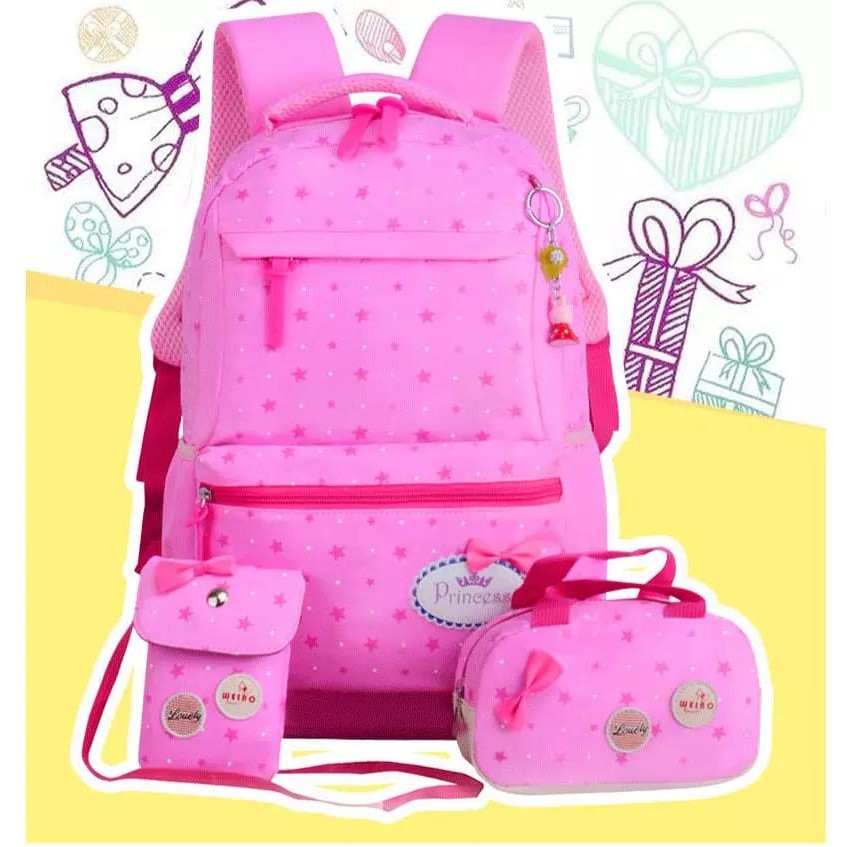 Tas Sekolah Anak Perempuan/Sd -Smp -Sma Backpack Ransel Wanita Cewek Set 3 In 1 Bintang Tabur