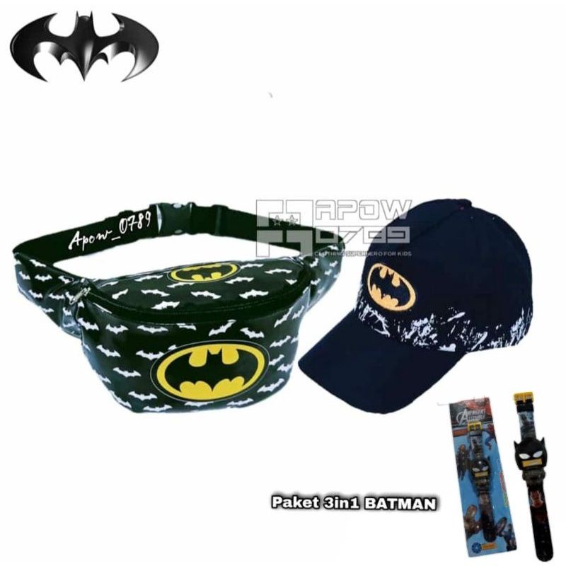 Tas Slempang Anak Laki-laki Batman 3in1 Gratis Topi dan Jam Tangan Pencet