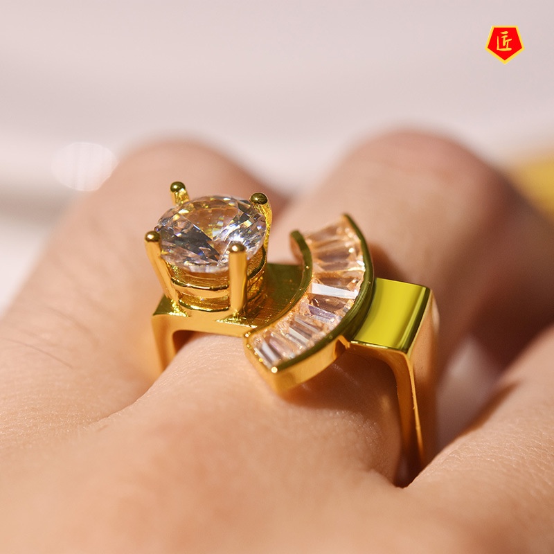 [Ready Stock]Inlaid Trapezoidal Square Diamond Ring 18K Gold Creative Personality