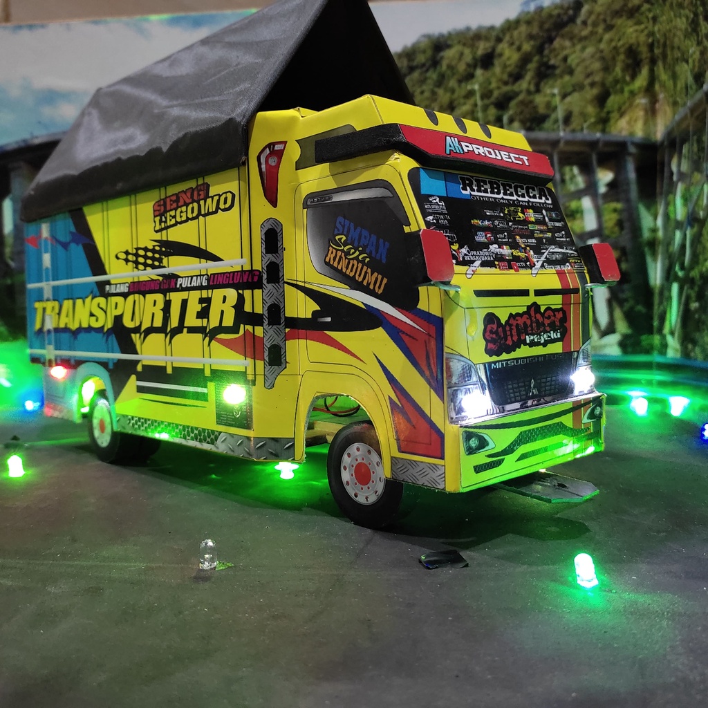 Truk Oleng Miniatur Kayu Asli Full Variasi Transporter Lampu Kelap Kelip Terpal Roda Kayu Mainan Ana