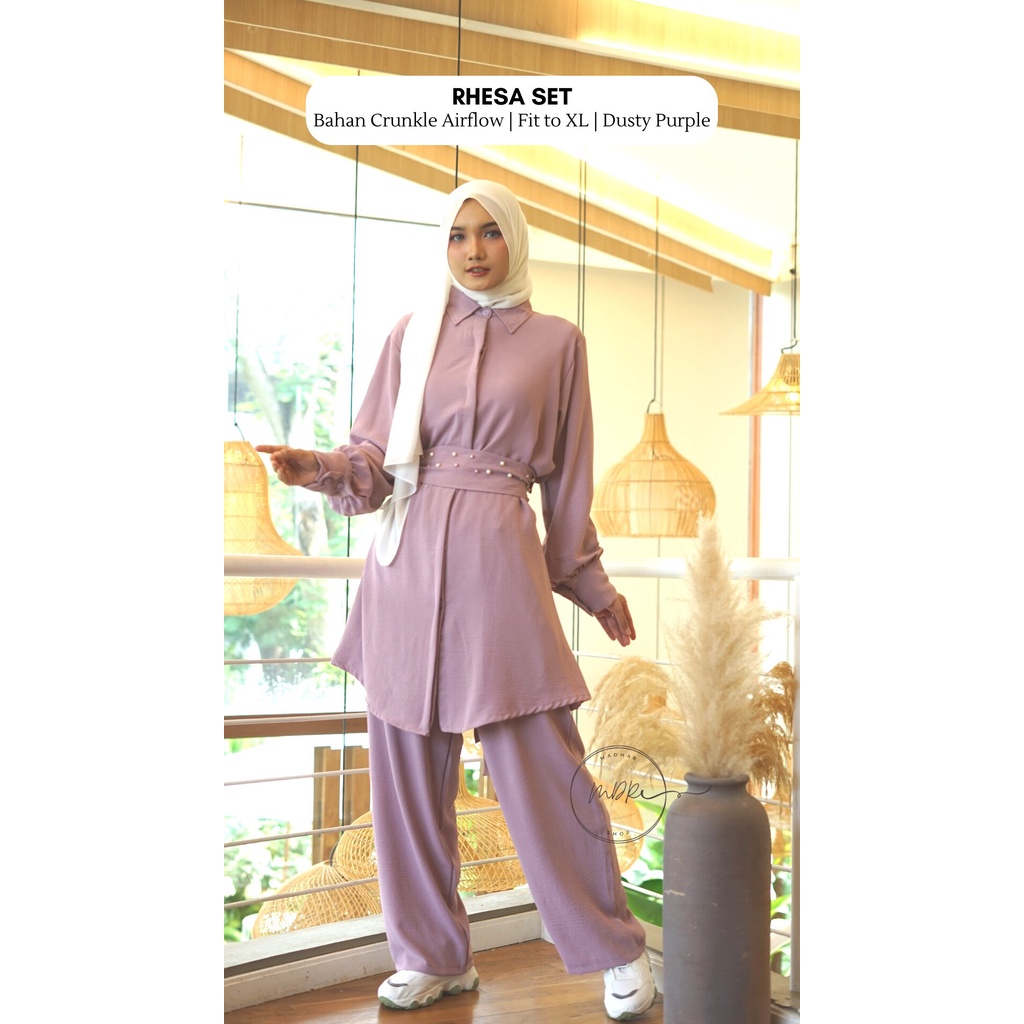 Rhesa One Set 2in1 Celana + Tunik Wanita Busui Bahan Crinkle Premium Fit to XL Ld 110 Kekinian Outfit Remaja Muslim Jumbo Polos Terbaru - Baju Setelan Fashion Muslim Wanita Dewasa Beraneka Warna - Setcel Atasan dan Bawahan Variasi Mutiara Mewah