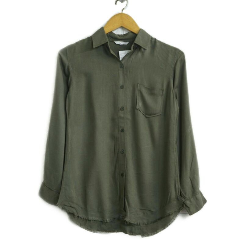 HnM Kemeja rawis army Grey Polos Wanita Baju Kantor Lengan Panjang Cewek Formal Pakaian Casual Kerja