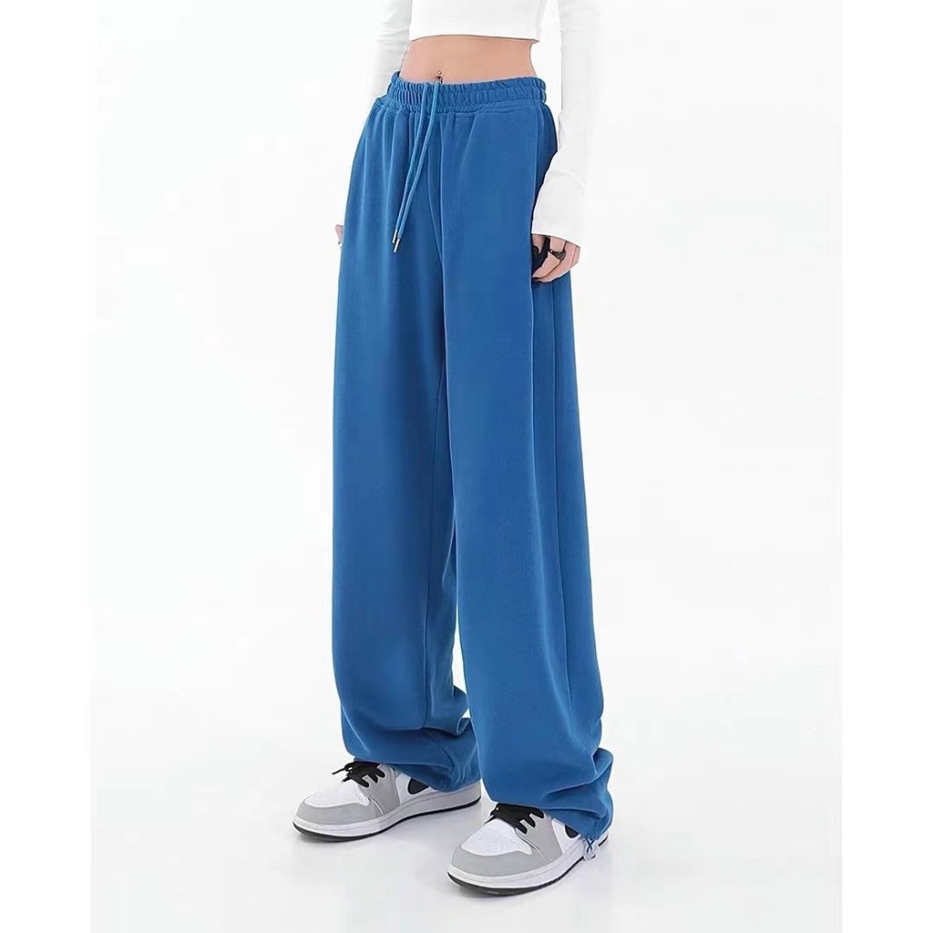 Suhao American Green Sweatpants Celana Wanita Kaki Lebar Celana Santai High Street