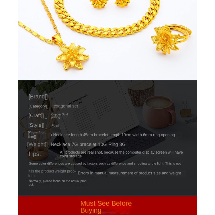 Set Kalung Gelang Cincin 24K Desain Lotus Gaya Bangkok Untuk Wanita