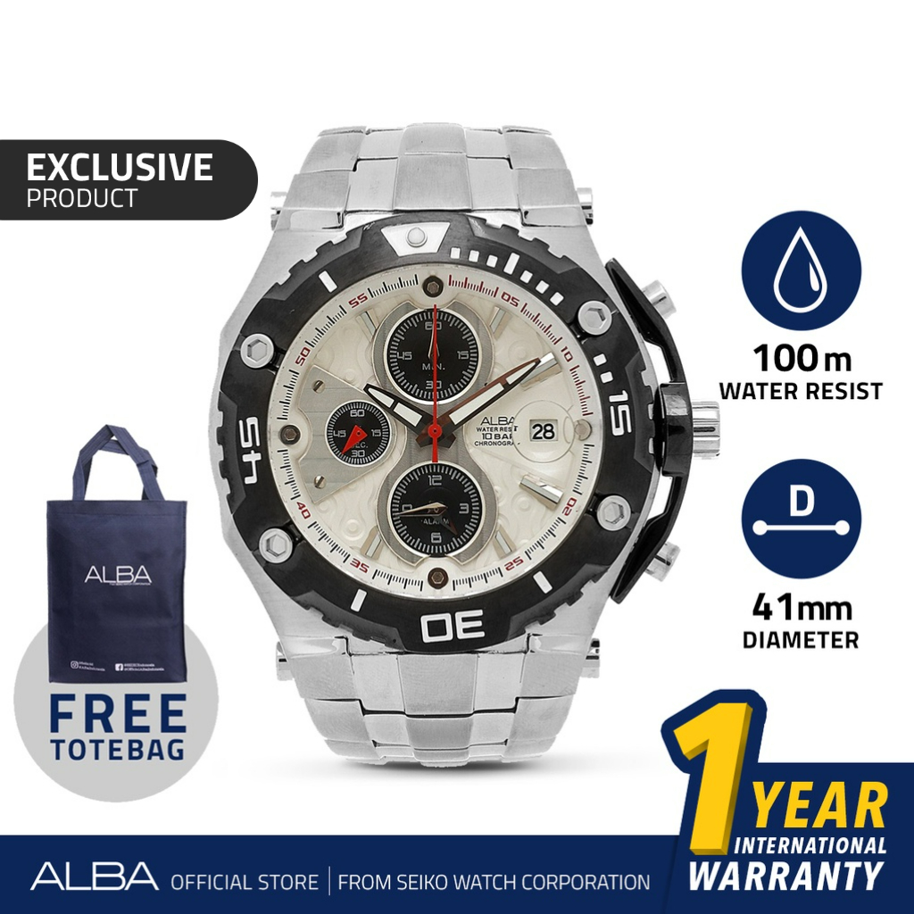Alba Active Jam Tangan Pria Rugged Chronograph AF3D99 / AF3D99X1Quartz White Ivory Dial Stainless St
