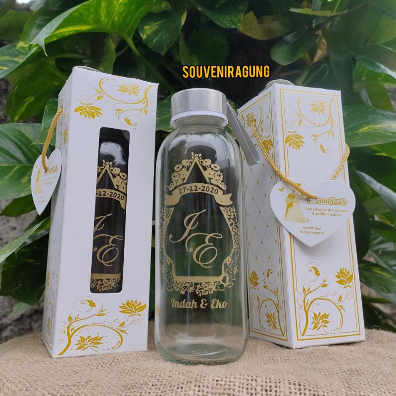 SOUVENIR BOTOL TUMBLER KACA SABLON KEMAS BOX