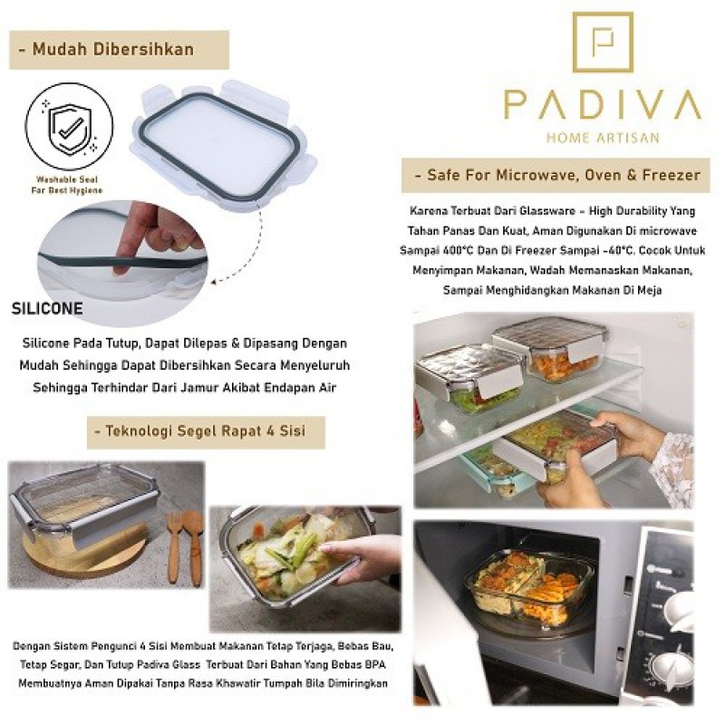 Padiva Glassbox 1 Compartment Glass Container Tanpa Sekat 2 Pcs - 1520 ml