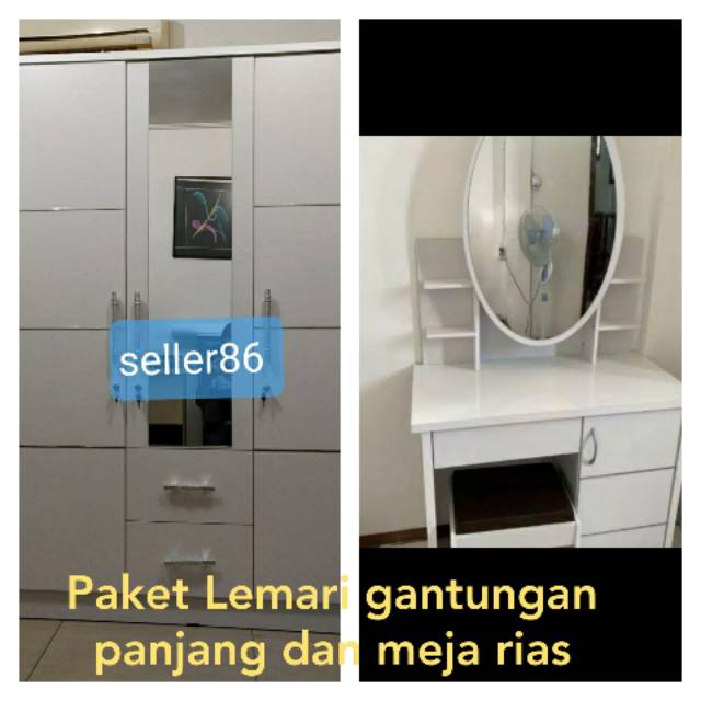 PAKET LEMARI 3 PINTU GANTUNGAN PANJANG DAN MEJA RIAS SLIDING PUTIH / SET LEMARI DAN MEJA RIAS PUTIH
