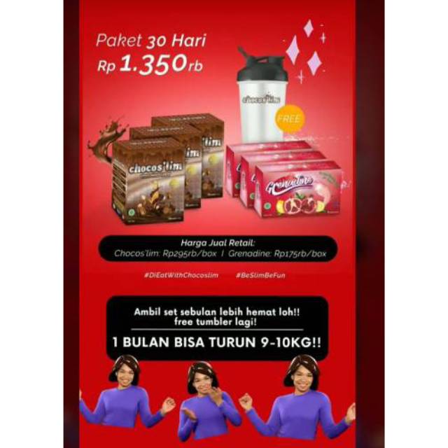 

CHOCO'SLIM+GRENADINE PAKET 30 HARI 3 BOX Choco'slim+ 3BOX grenadine + Free 1 tumbler