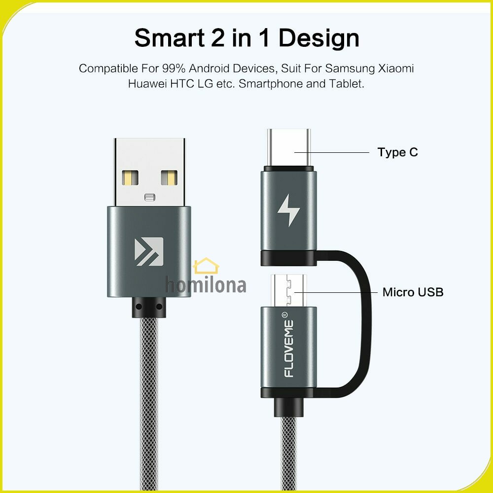 Kabel Charger 2 in 1 Micro USB + USB Type C QC3.0 2.8 A 100 cm - Floveme D38121 - Gray