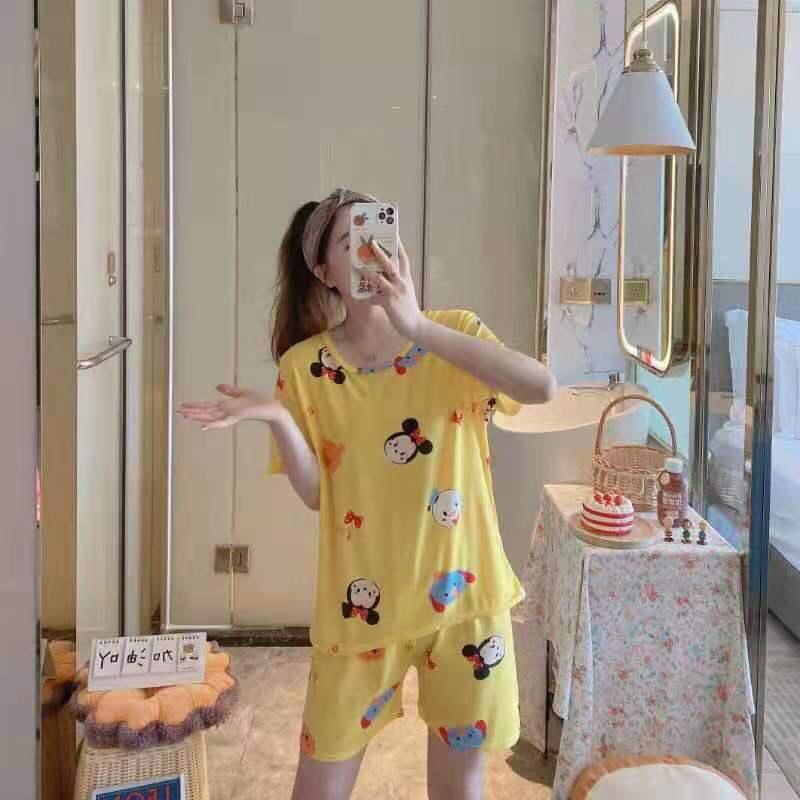 Piyama Baju Tidur Import Wanita Fashion Sleepwear Spandex Stelan Rumah Baju Santai Celana Pendek z-HP-TsumTsum Kuning