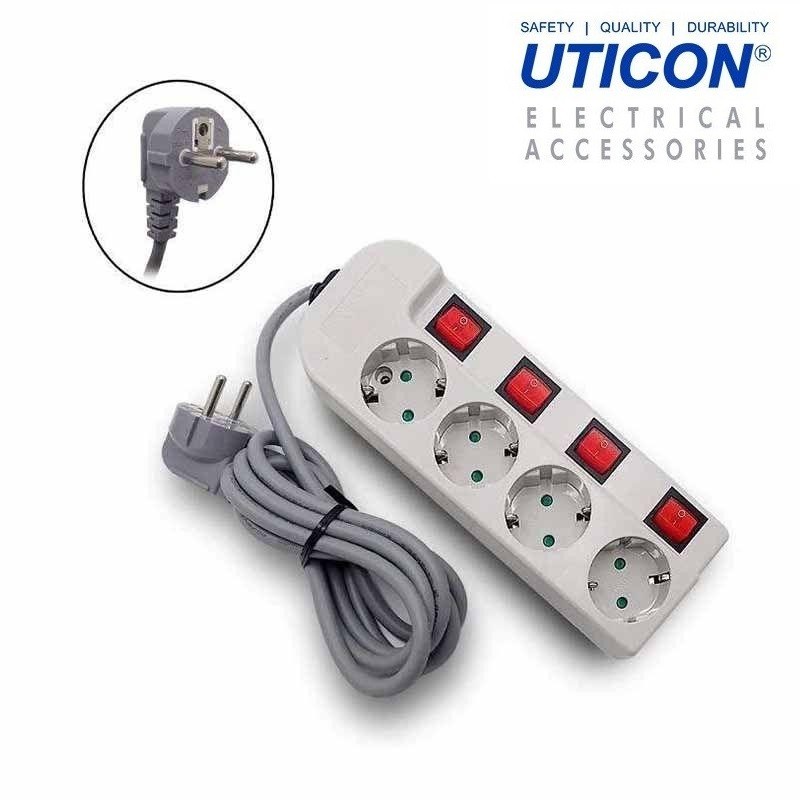 UTICON ST-1482 SW Stop Kontak 4 Lubang + Saklar Kabel 1.5m Abu-abu SNI