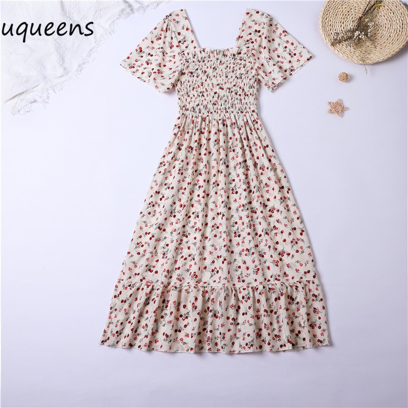 ready stock smocked raffle dress bunga panjang dengan lengan pendek