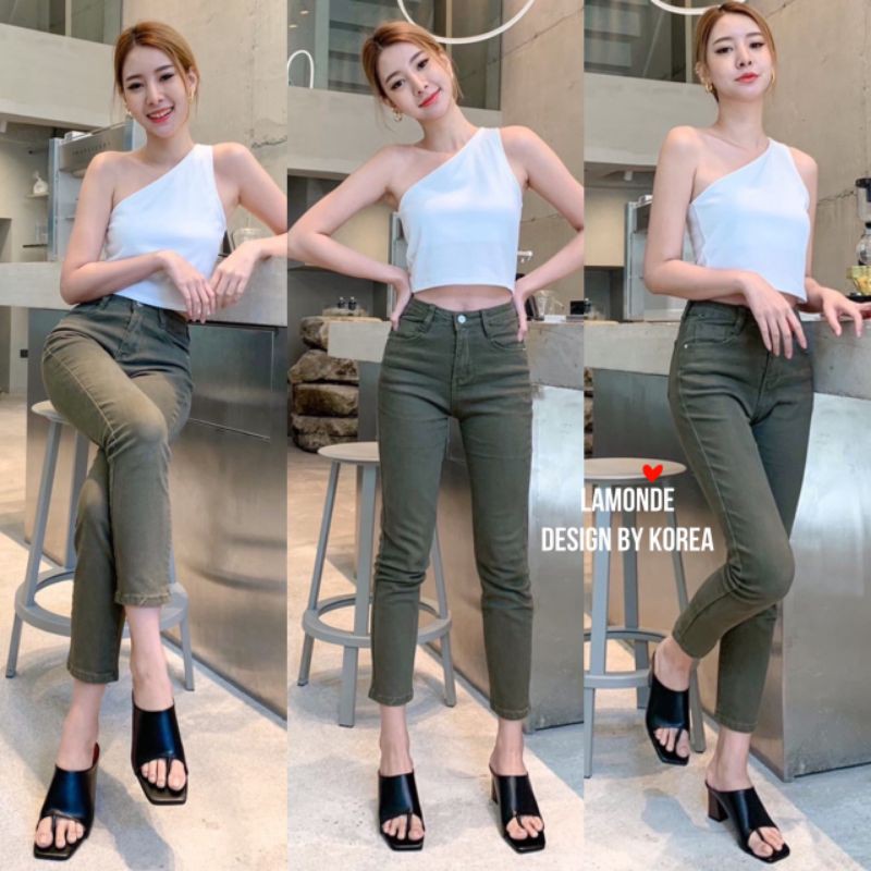 Ay00! Celana Panjang Jeans Sage Green Denim Wanita Import