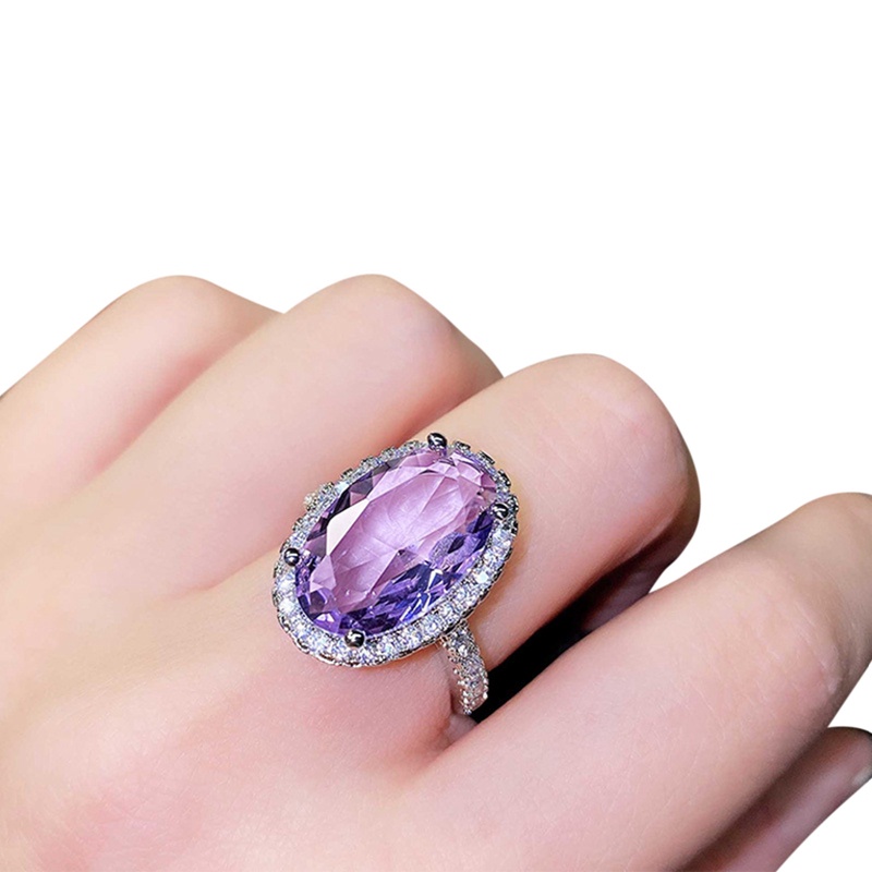 Perhiasan Cincin Cubic Zirconia Ungu Bentuk Oval Besar Untuk Aksesoris Pesta Pernikahan Wanita