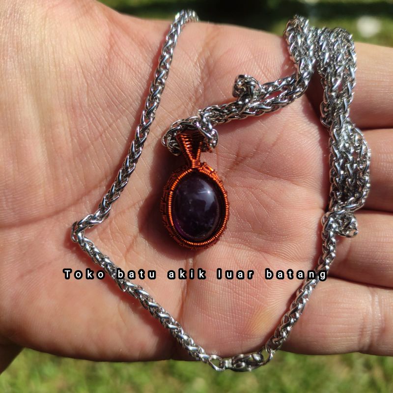 Kalung liontin etnik batu akik kecubung bungur / Amethyst 100% Natural