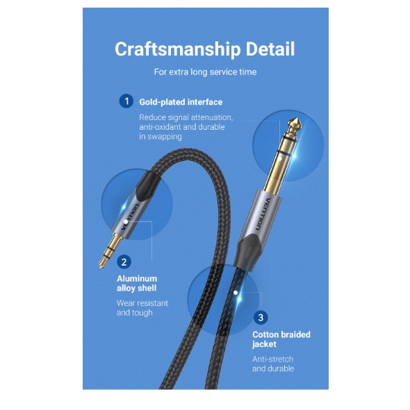 Vention Kabel Aux Audio Braided 3.5mm to 6.5mm TRS Stereo 10M