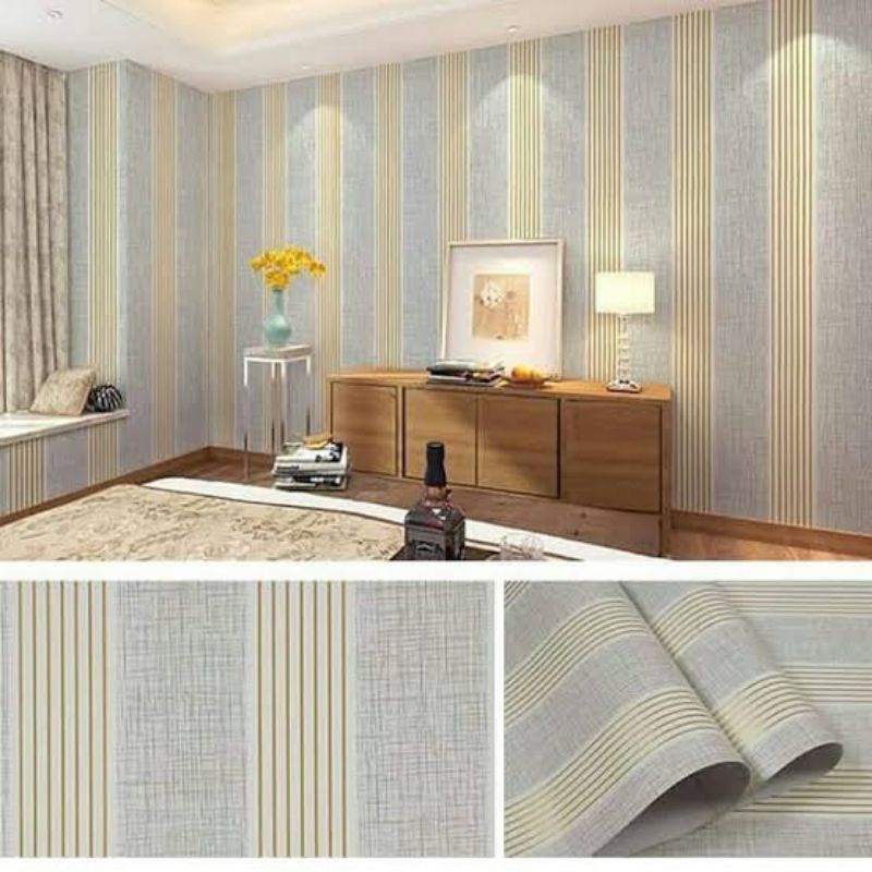 WALLPAPER STICKER DINDING TERMURAH SALUR ABU GARIS EMAS