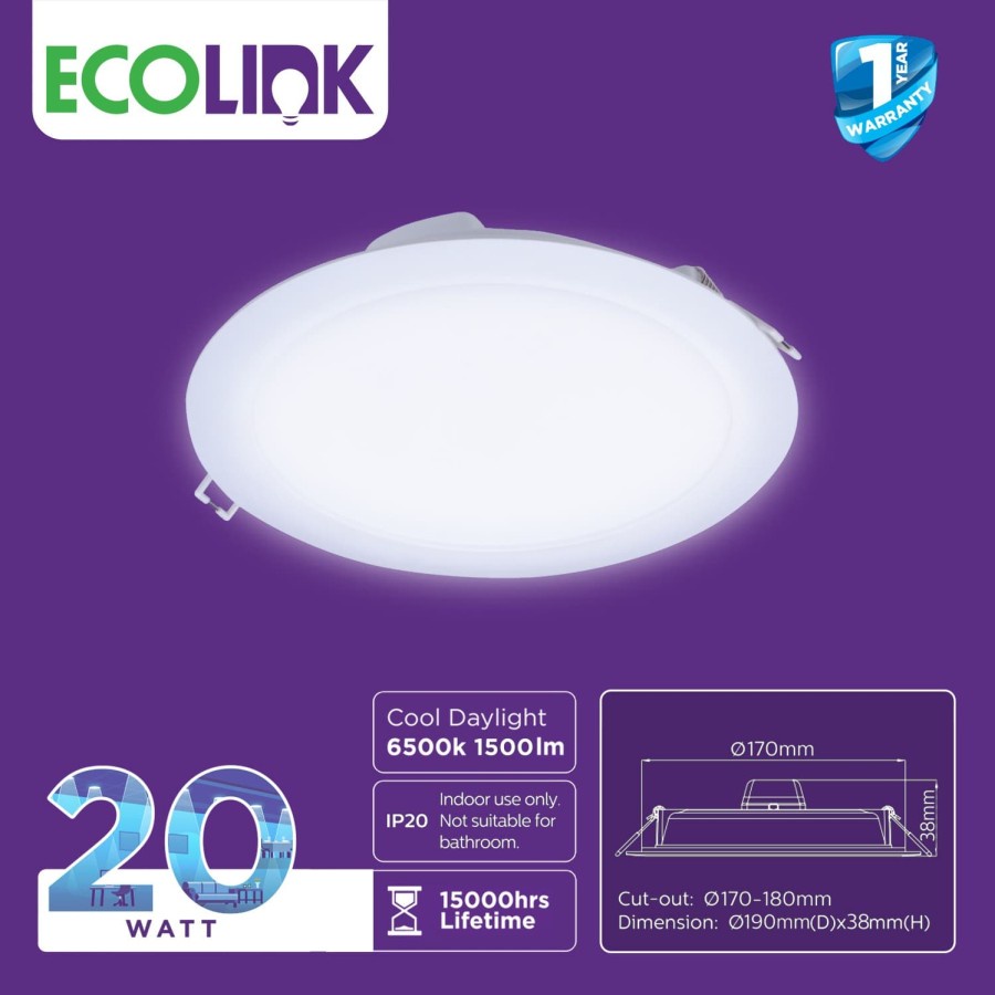 PROMO Lampu Downlight LED Ecolink 20W 20 Watt EDN020B Panel Light Hias Ib 7 inch D175 Ac 220v SNI Original  - Cool White (Putih)