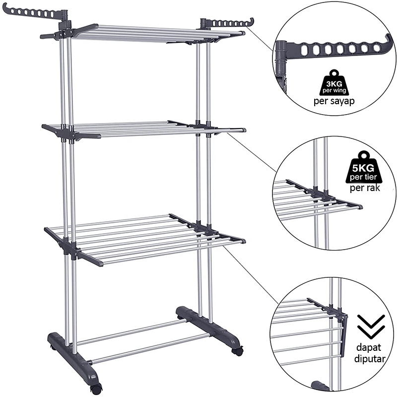 Jemuran Lipat Lantai Baju MJJ-3 Double Wings Clothes Hanger Rak Jemuran Baju Hanger Baju Stand Hanger 3 Tingkat Free Roda Rak Serbaguna