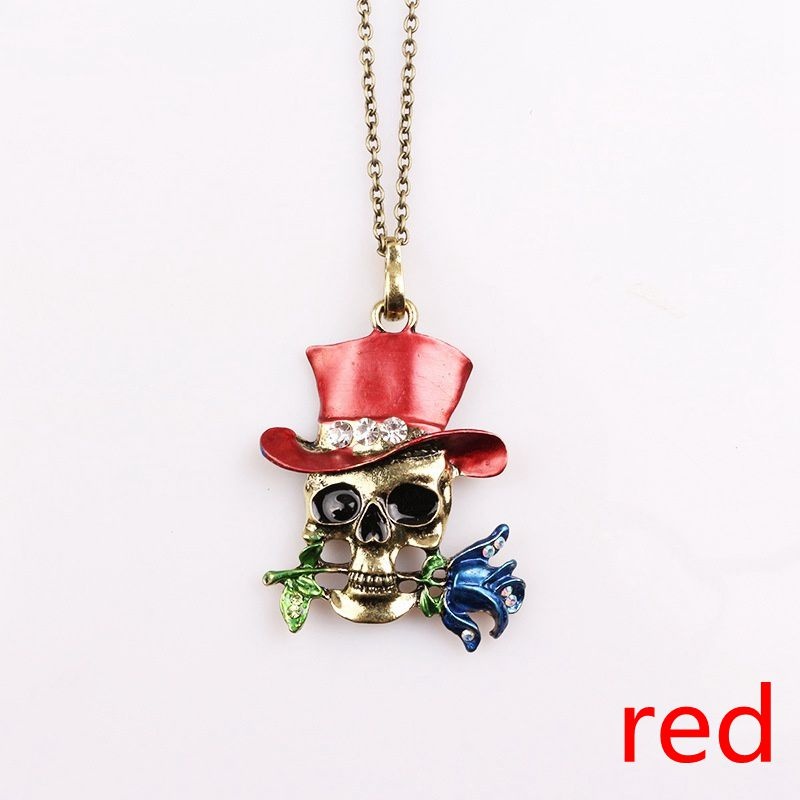 Retro punk inlaid gemstone skull magician pendant necklace men's jewelry