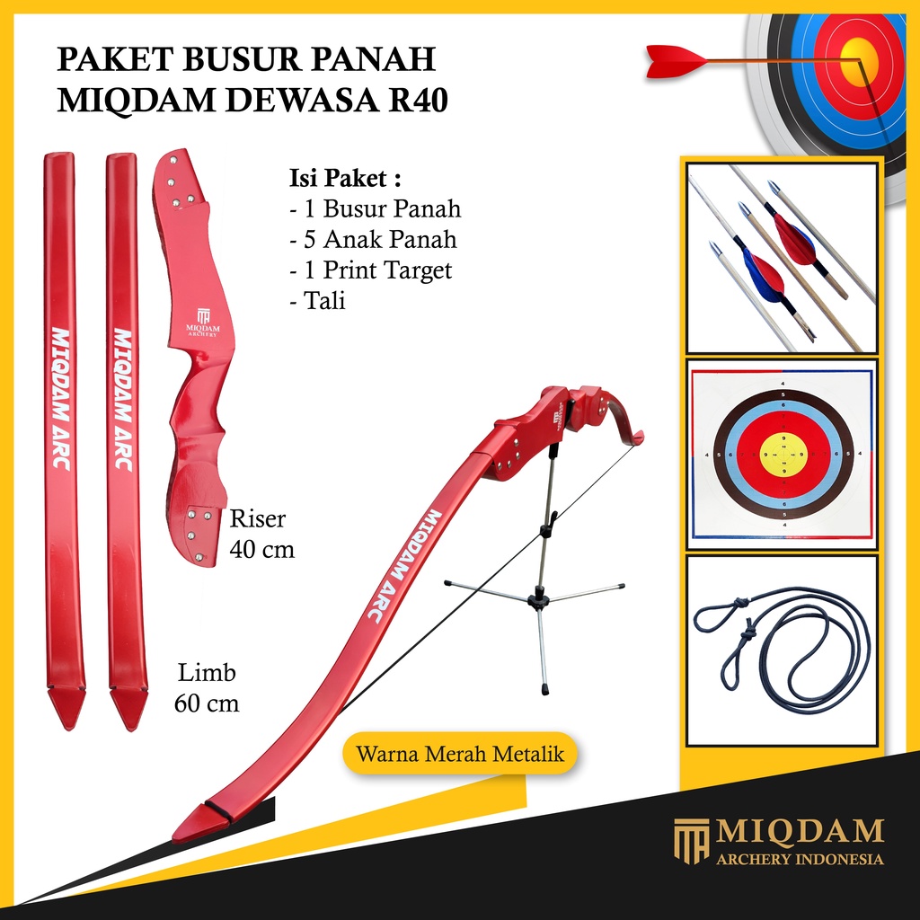 Busur Panah Miqdam Dewasa R40 || Face Target || 5 Arrow Bambu Petung Point Anhas Vanes Lakban Kain