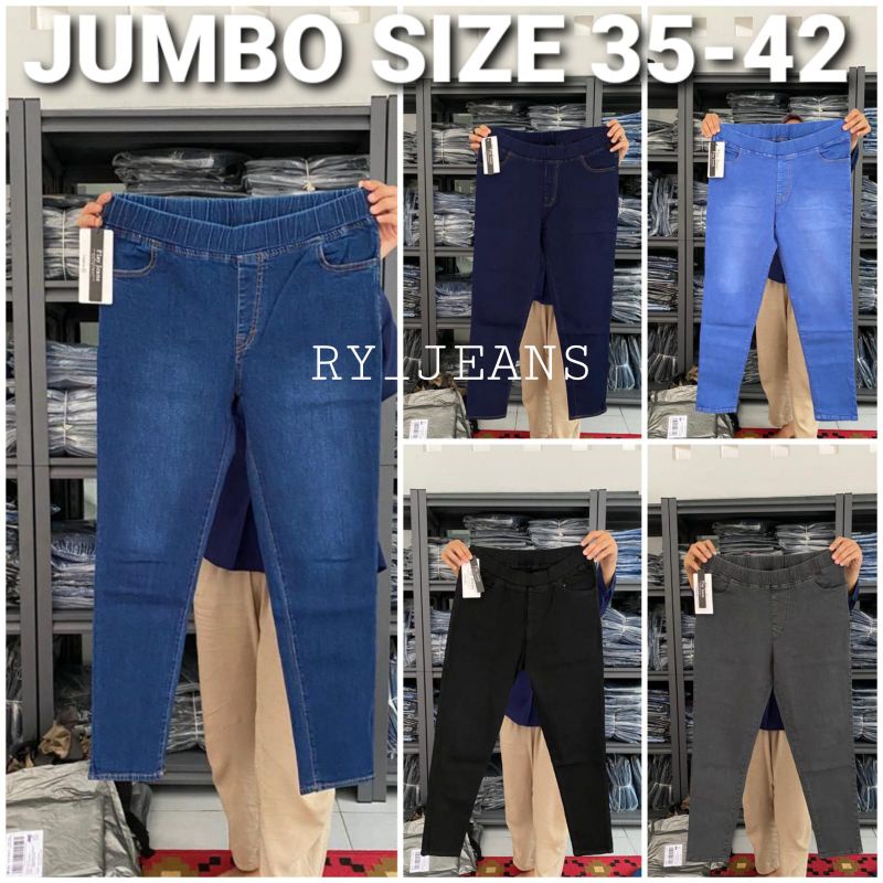 Celana jeans jumbo wanita pinggang kolor karet jeging jeans leging jeans jumbo big size
