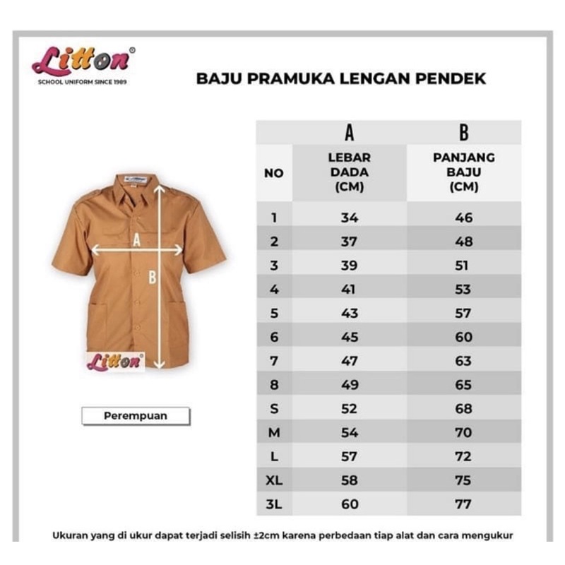 Seragam Pramuka SIAGA lengan pendek Litton 2-XL katun halus / hem coklat sekolah