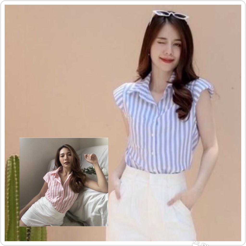 Kemeja salur wanita lengan pendek /atasan stripe women shirt Casual / kemeja basic simple