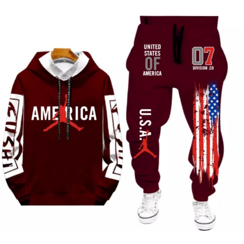 BAJU STELAN PRIA SETELAN AMERICA COWOK HOODIE + CELANA JOGGER
