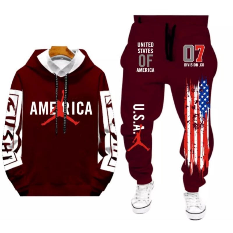 BAJU STELAN PRIA SETELAN AMERICA COWOK HOODIE + CELANA JOGGER