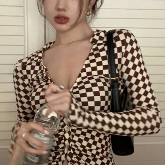 Women Retro Checkerboard Long Sleeve V-Neck Botton Atasan Wanita Lengan Panjang Motif Kotak - Kotak 2676