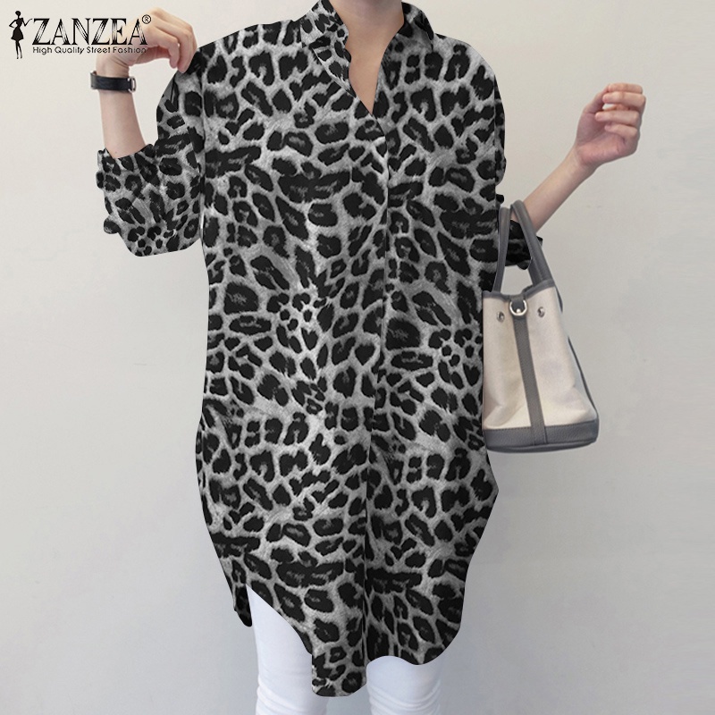 ZANZEA Women Casual Daily Turn-Down-Collar Leopard Printed  Long Sleeve Loose Blouse