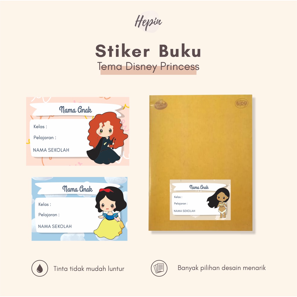 

(30pcs) cetak Stiker nama buku dan label buku pelajaran edisi DISNEY PRINCESS