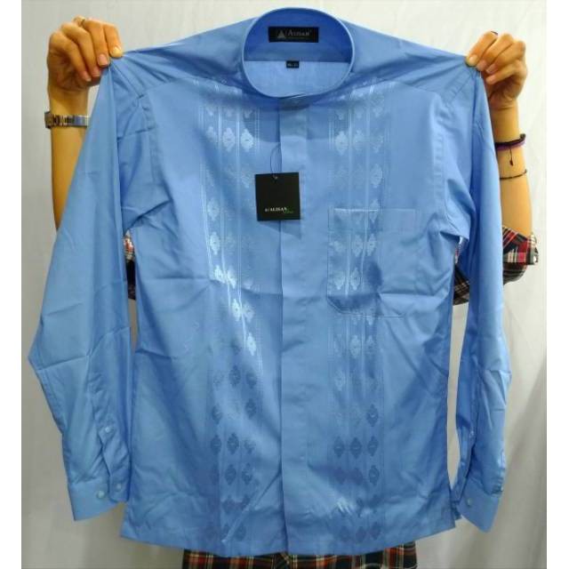 Kemeja Pria Alisan Panjang Reguler Koko Kerah Shanghai Bordir Krem Abu Biru