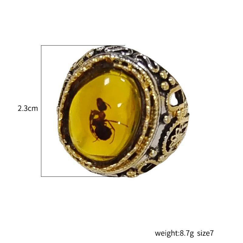 Cincin Model hollow Warna Kuning amber Gaya retro Untuk Pria