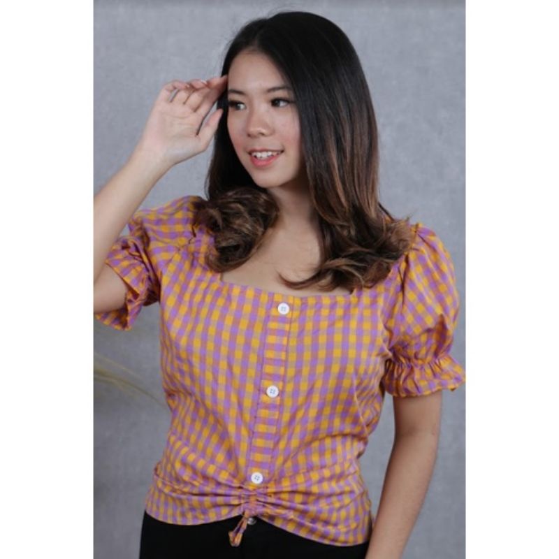 blouse Olivia Gingham kotak yellow purple atasan wanita Korean top summer