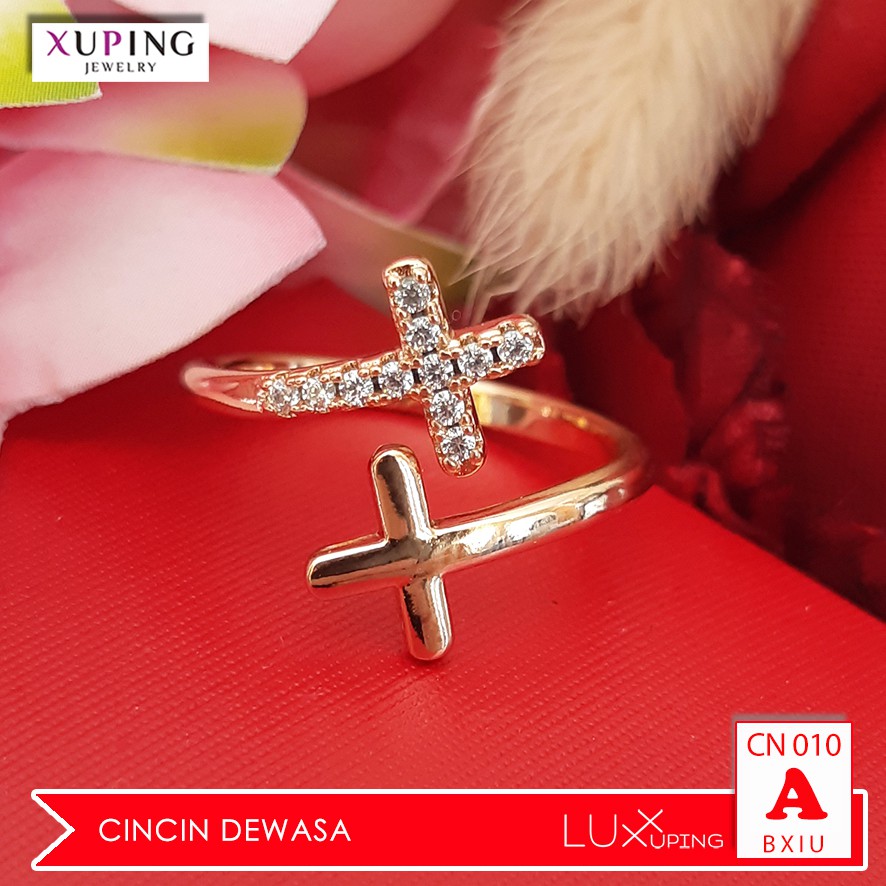 CN 010 Cincin Salib Xuping Permata Sirkon Perhiasan Rohani Kristen Katolik Corpus Lapis Emas Luxx Xuping