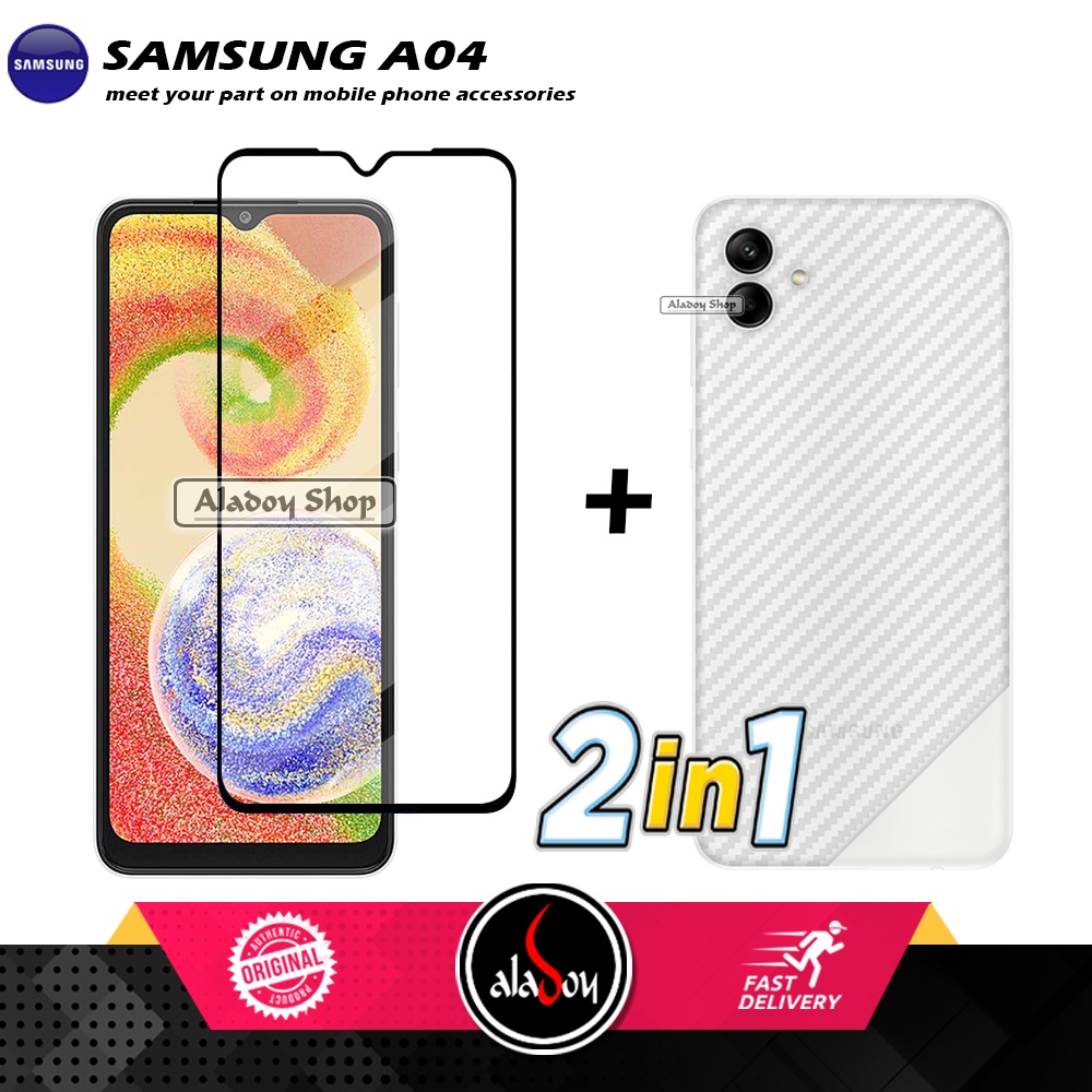 PAKET 2 IN 1 Tempered Glass Layar Samsung A04 2022 + Skin Carbon Film 3D