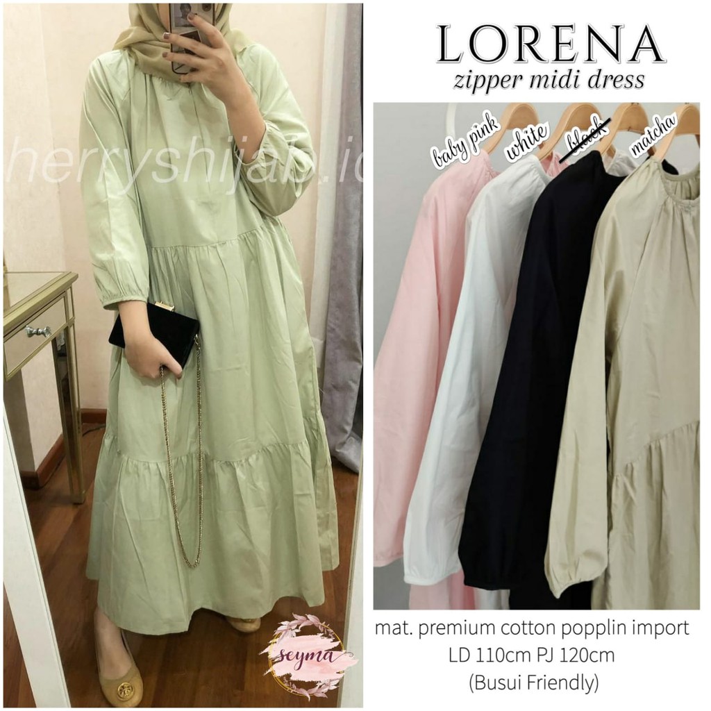 Lorena Zipper Midi Dress Gamis Style Korean Wanita Bahan Katun Poplin Premium Busui Friendly Adem