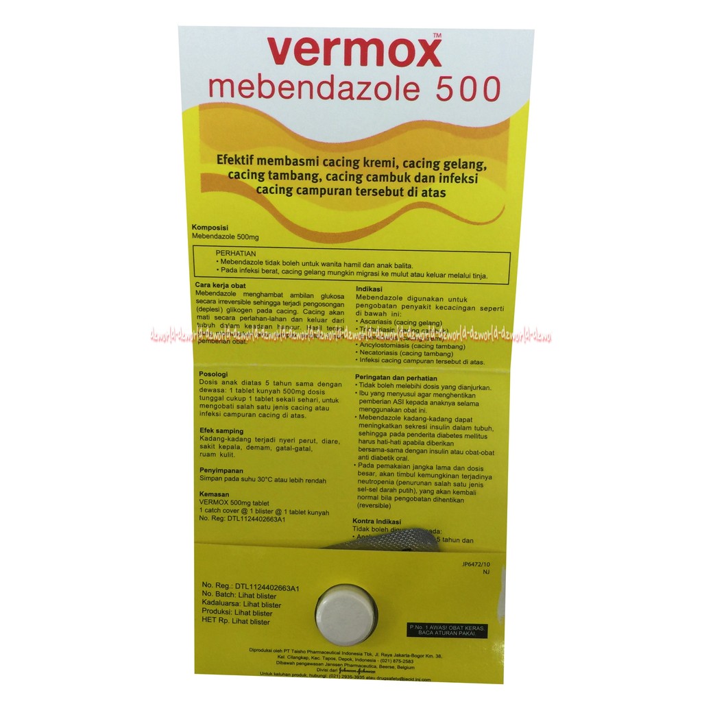 Vermox Mebendazole 500 Obat Cacing Tablet Kunyah isi 1tablet Vermok