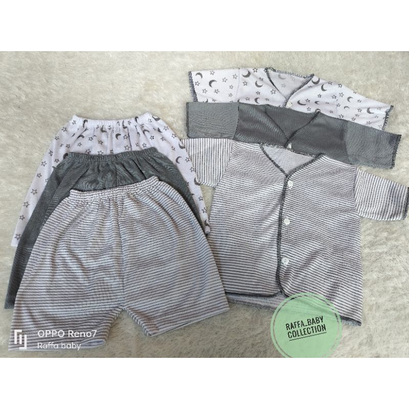 paket 6pcs/3stel baju+celana bayi seri abu lengan pendek