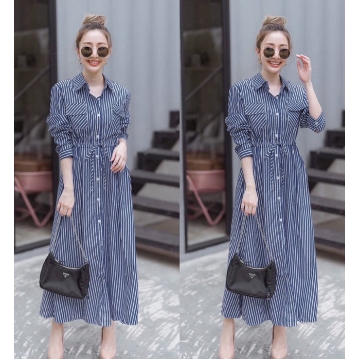 maxi dress shirt stripe korean design / maxy fashion salur-Navy
