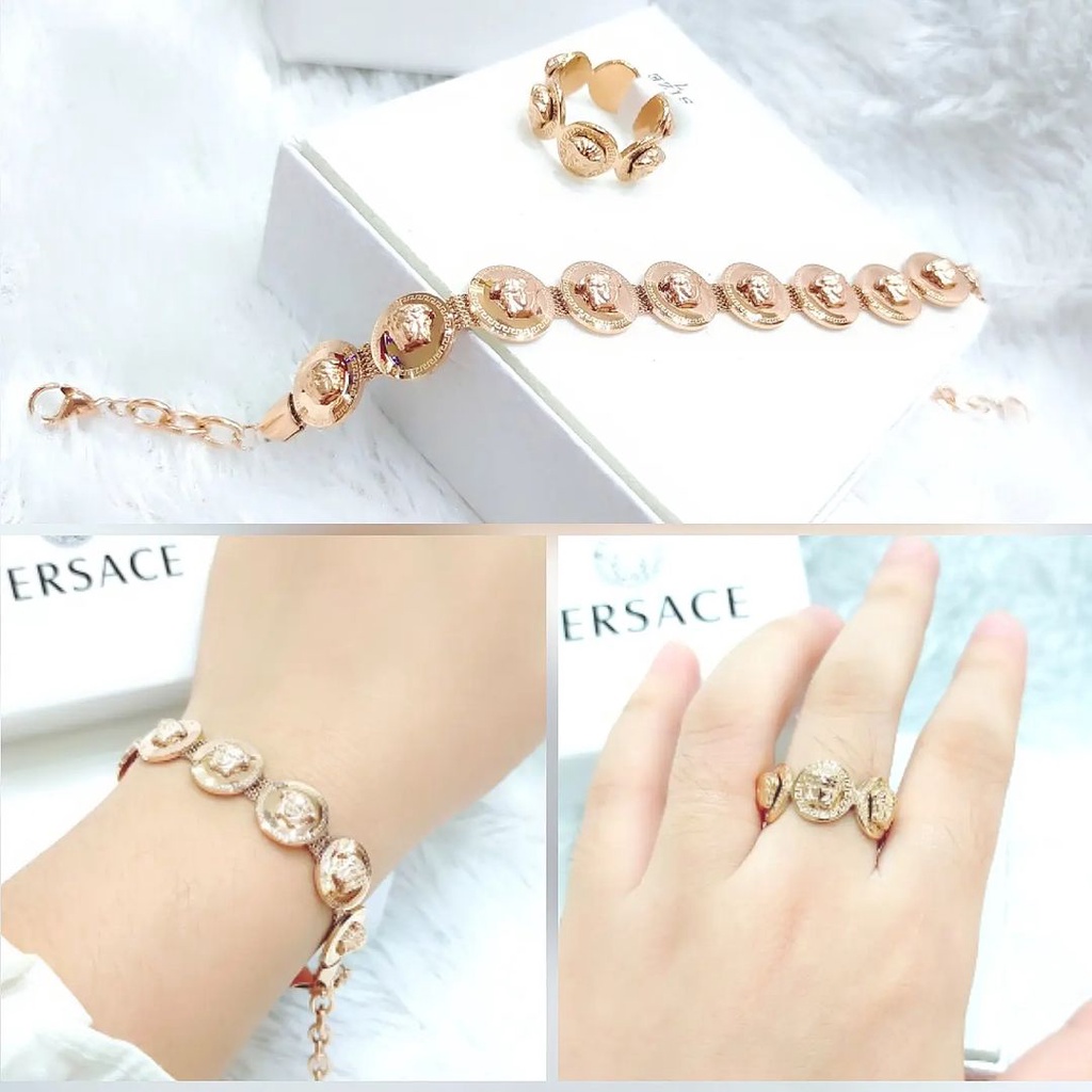 Terlaris  Fashion Perhiasan Accesories Wanita Set Gelang Cincin Versace AV-6055 Titanium Asli Anti K