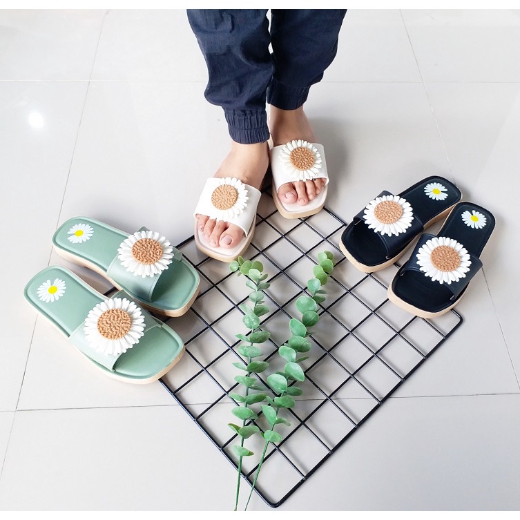 gof PUFFY Import SLOP FLOWER Sandal Wanita Murah Slip Casual Teplek Sendal Cewek Flat