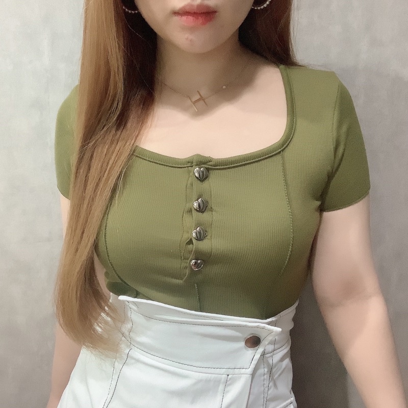 Love Button Crop Top | Atasan Wanita Korean Fashion | Maimon Grosir