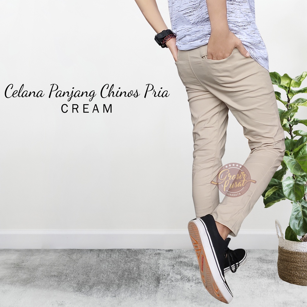 Celana Chino Chinos Pria Krem Muda Ukuran 27 - 38