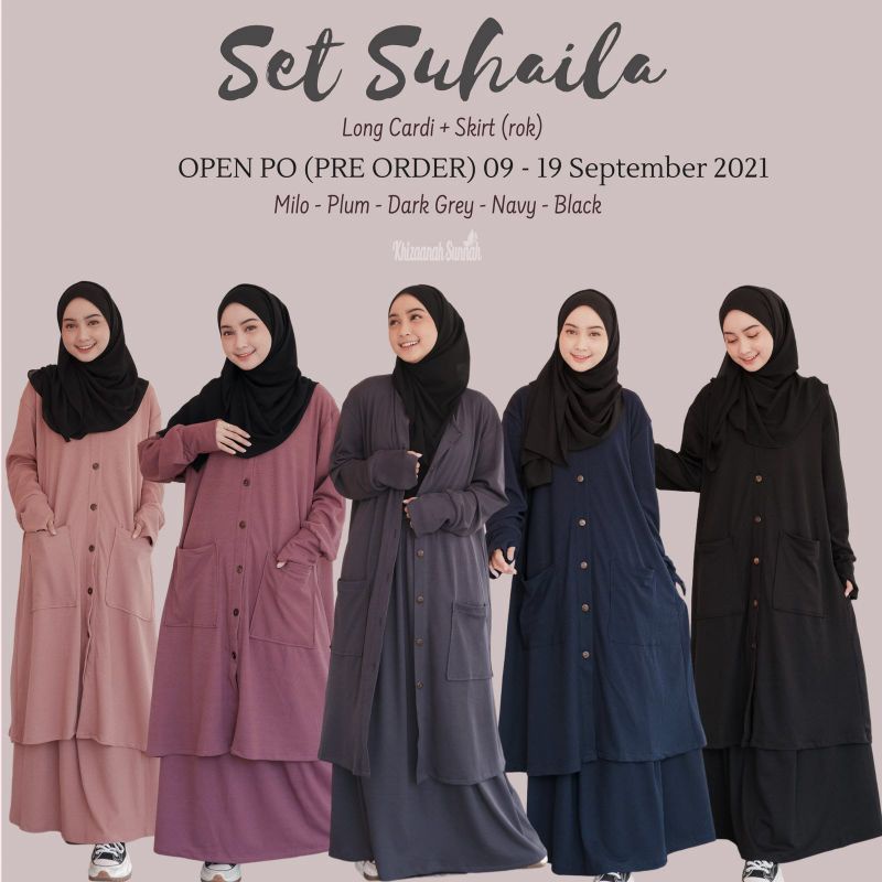 [ Ready ] Set Suhaila Original by Khizaanah Sunnah Cardigan Panjang Long Cardi + Skirt ( rok ) waffl