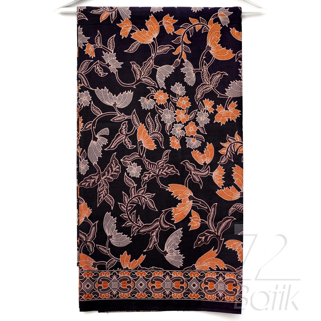 KAIN BATIK KATUN Premium Motif Kembang Warna Hitam Orange Oranye 727542 Cap 72 Jarik Jarit Samping Kebat Panjang Batik Katun Modern Premium Bahan Seragam Batik Pernikahan Kantor Keluarga Murah Kamen Jadi Batik Bali Lembaran